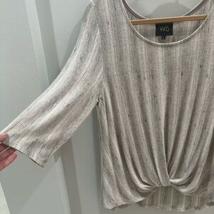 W5 Beige Striped Women's Knit Top with Twist Front Bottom ¾ sleeves Size XL